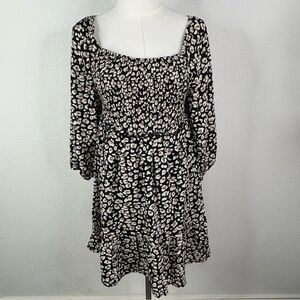 Dokotoo NWT Size Small Leopard Smocked Midi Dress Puff Sleeve Square Neck